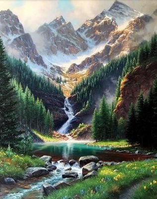 Rocky Mountains Waterfall Paint By Numbers - Numeral Paint Kit