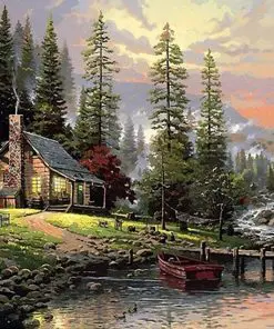 Cabin Near River and Hills Paint By Numbers