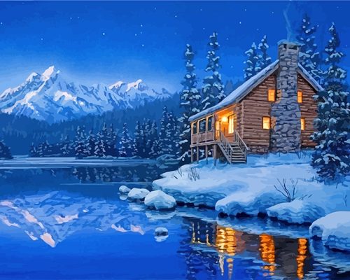 winter forest cabin paint by numbers
