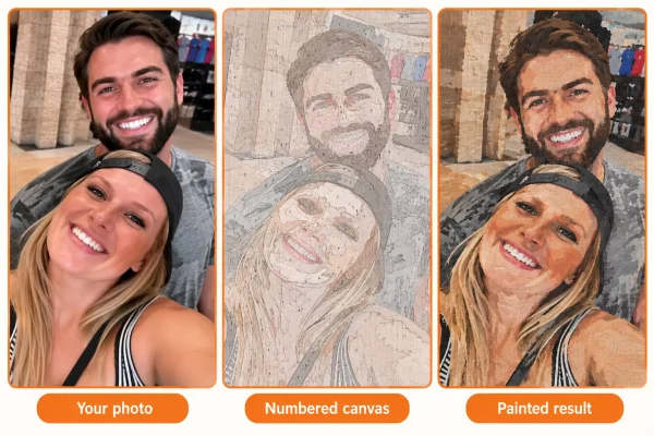 Photo of two adults, its numbered canvas and its completed painting
