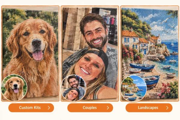 Custom paint by numbers examples showing a dog, a couple and a coastal landscape