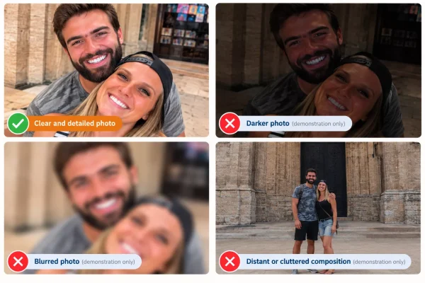Photo-selection examples comparing a clear couple photo with dark, blurred and distant versions