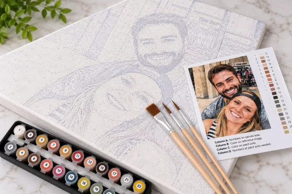  Custom photo painting kit with numbered canvas, matching acrylic paints, brushes and reference
image