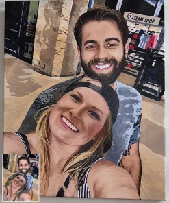 Custom paint by numbers painting of two adults smiling together outdoors, with its source photograph