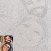 Close-up of numbered canvas sections for faces and clothing in a custom painting