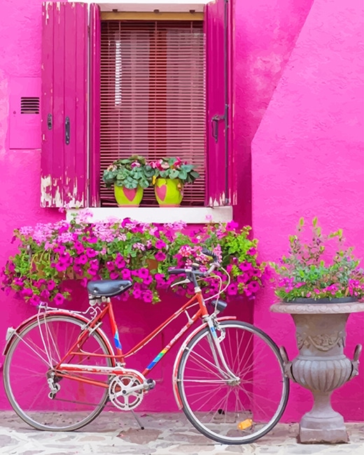 Rosa Fahrrad vor rosa Tür Malen nach Zahlen  Pink bicycle, Paint by  number, Flower painting