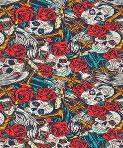 Skulls And Red Flowers Paint By Numbers