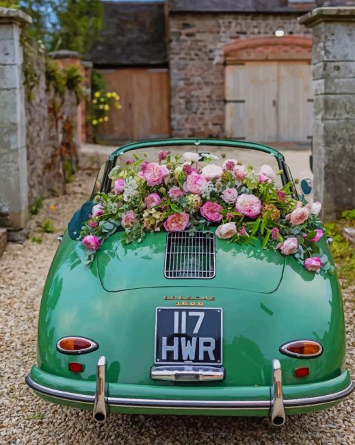 Green Car And Flowers Paint By Numbers