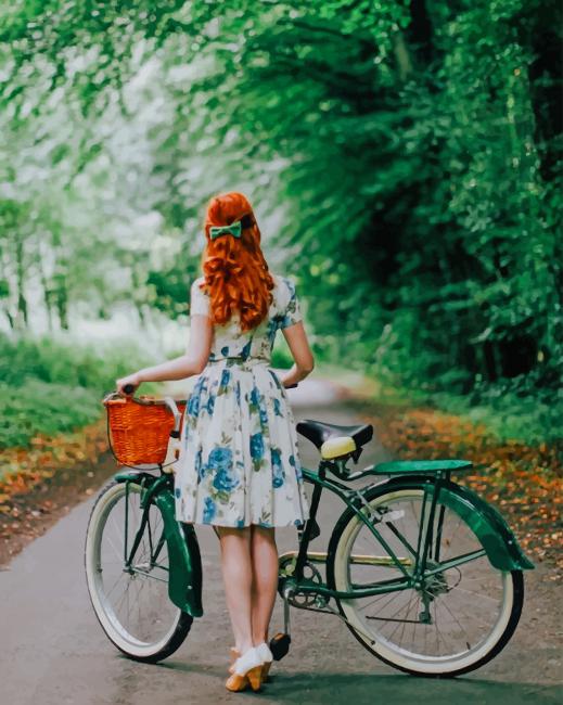 Redhead Girl Strolling With Her Bike Paint by numbers