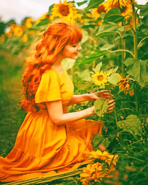 Ginger Girl In Sunflowers Field Paint By Numbers