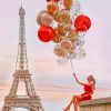 Girl Holding Balloons In Eiffel Tower paint by numbers
