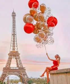 Girl Holding Balloons In Eiffel Tower Paint By Numbers