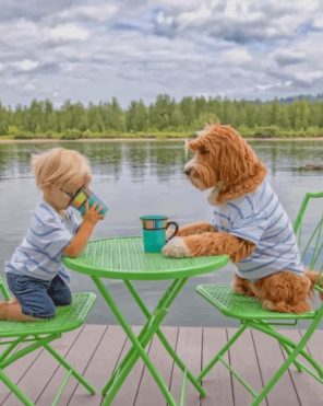 Boy And Puppy Drinking Coffee Paint By Numbers