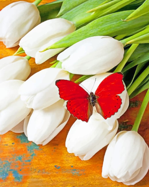 Red Butterfly On Tulips Paint By Numbers