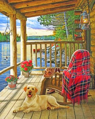Dog in wooden cabin paint by numbers