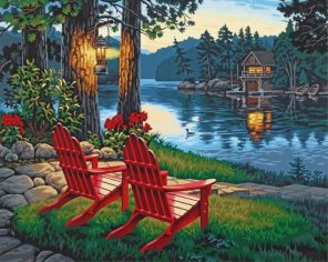 Red Chairs By Lake paint by numbers