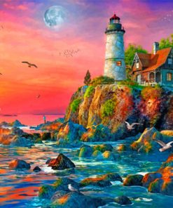 Sunset Lighthouse Cottage Paint By Numbers