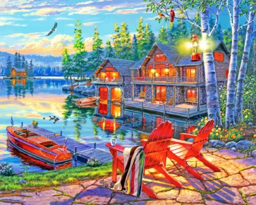 Wooden Cabin lakeside paint by numbers