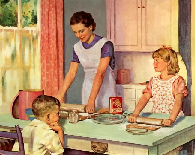 Mother And Kids In Kitchen - Paint By Number - Painting By Numbers