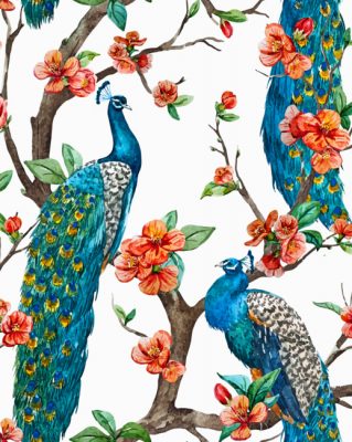 Peacocks On Cherry Blossom tree paint by numbers