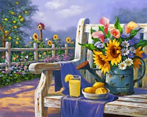 Sunflowers And Lemon On Bench paint by numbers