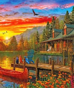 DIY Paint-by-Number Set - Sunset Lake Cabin