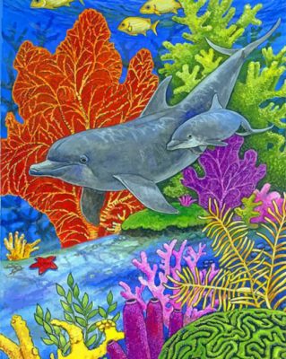 dolphins in coral reef paint by number