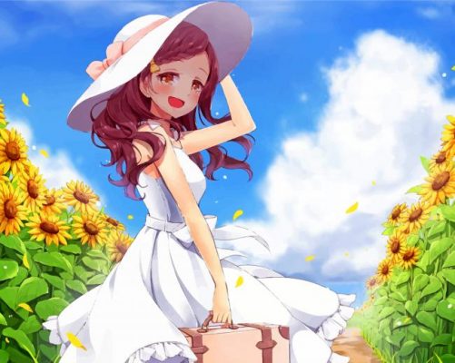 anime girl wearing straw hat holding a sunflower, | Stable Diffusion