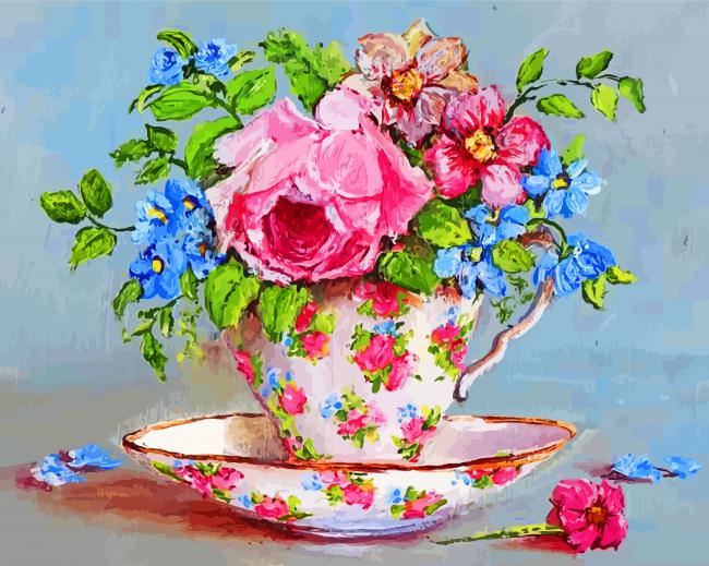 Floral Tea Cup Paint By Numbers - Numeral Paint Kit