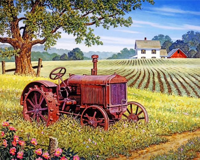 Green Tractor Paint By Numbers - PBN Canvas