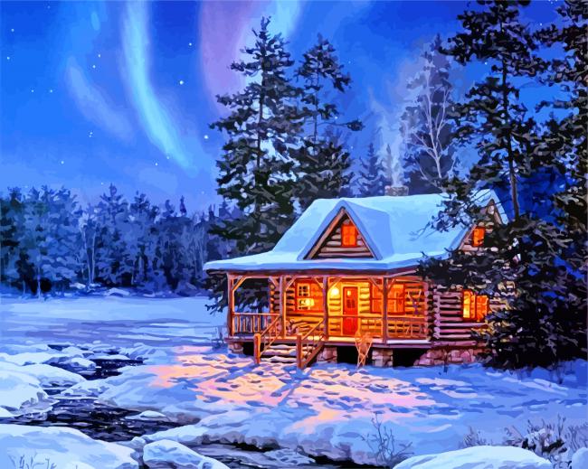 Wooden Cabin In Snow - Paint By Number - Painting By Numbers