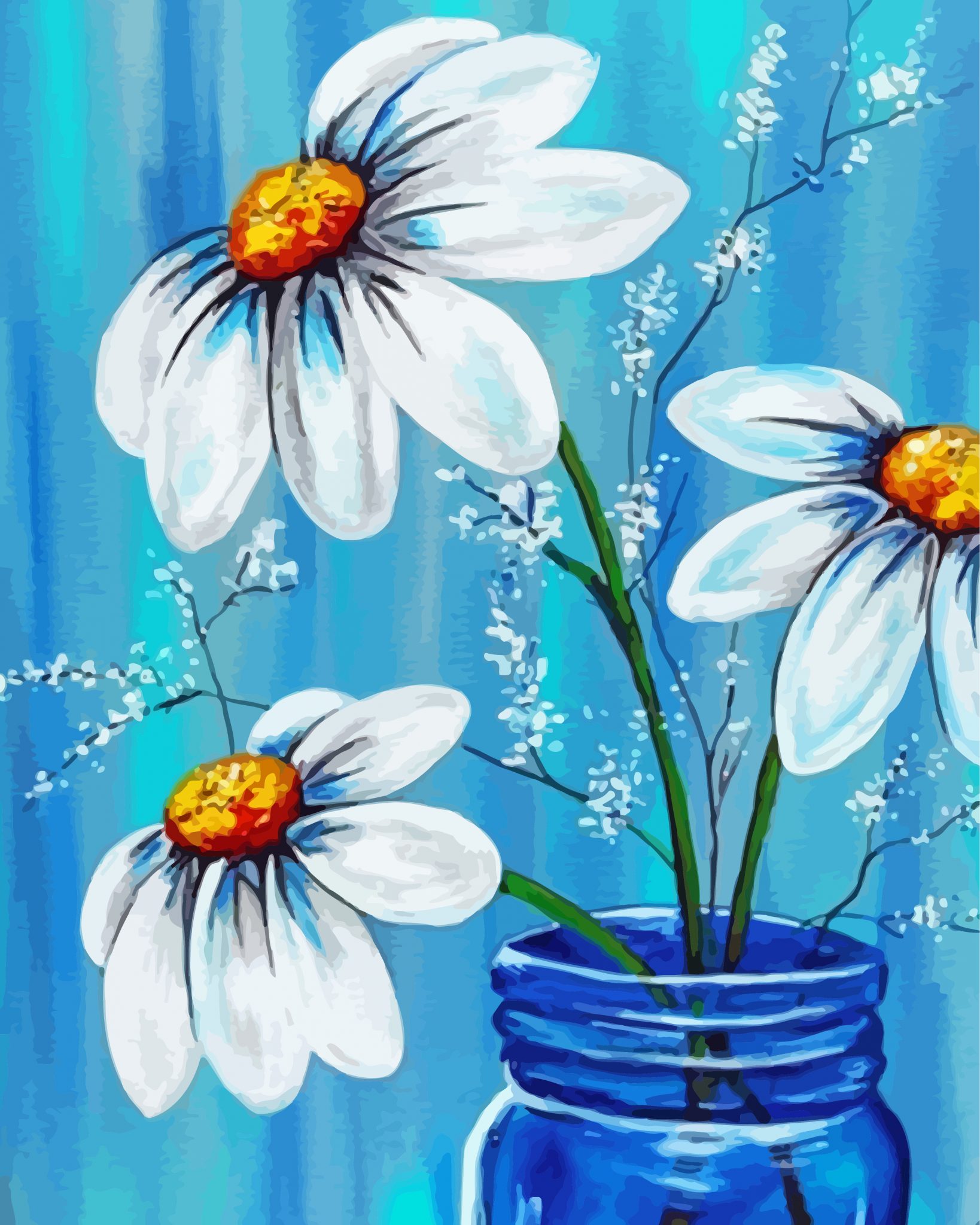 Daisies In Blue Jar Paint By Numbers - Numeral Paint Kit