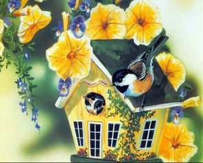 Bird House With Yellow Flowers Paint by numbers