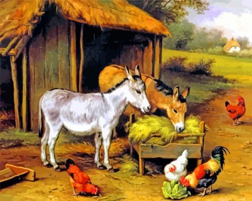 Chickens And Donkeys Feeding Outside A Barn Paint by numbers