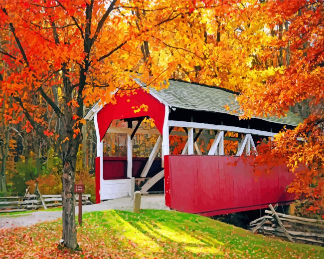 Covered Bridge In Autumn Paint By Numbers - Numeral Paint Kit