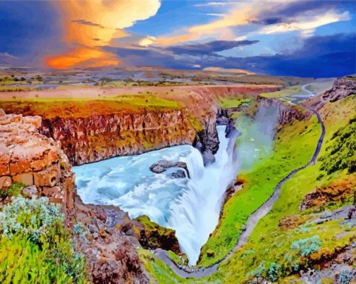 Beautiful Gullfoss Waterfall Iceland paint by number