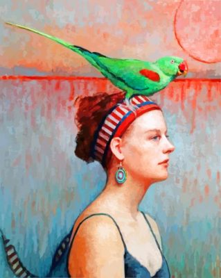 Lady And Green Parrot By Louise Fenne paint by number
