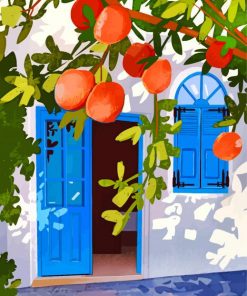 Aesthetic Orange Tree Blue Door paint by number