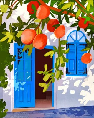 Aesthetic Orange Tree Blue Door paint by number