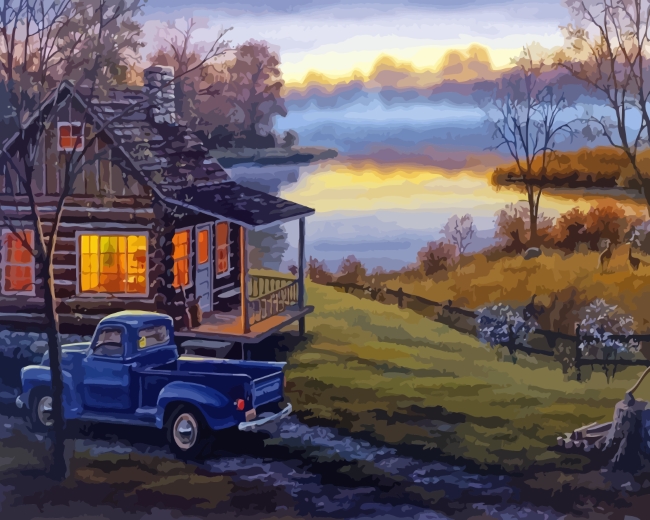 Early To Rise Cabin With Old Truck Paint By Number Numeral Paint