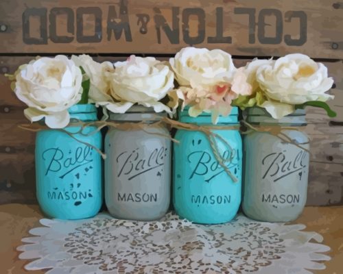 Turquoise Ball Jars With White Flowers Paint By Numbers - Numeral Paint Kit