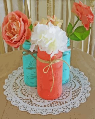 Turquoise Ball Jars With Pink Flowers paint by numbers