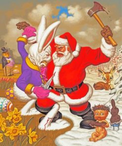 Santa Fighting Wiith A Big Rabbit paint by numbers