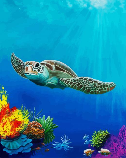 Turtle Swimming In Blue Water Paint by Numbers - Paint My Numbers