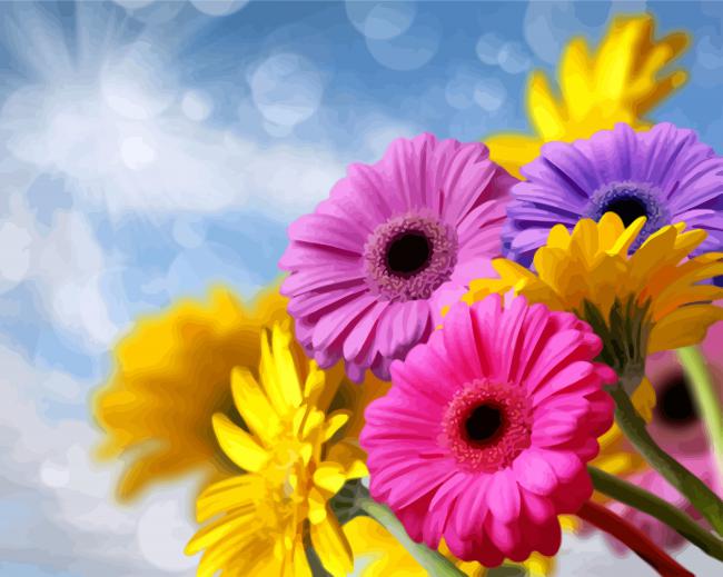 Yellow Pink And Purple Gerberas - Paint By Number - Numeral Paint