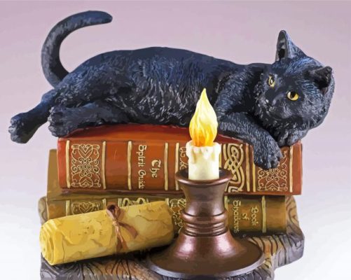Black Cat On Books With Candle Paint by numbers