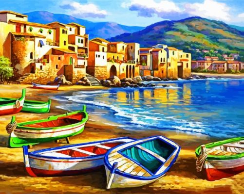 Colorful Boats On Beach paint by numbers