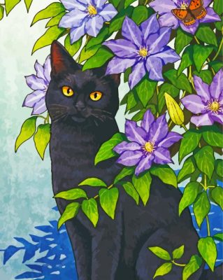 Aesthetic Black Cat Andd Flowers Paint by number