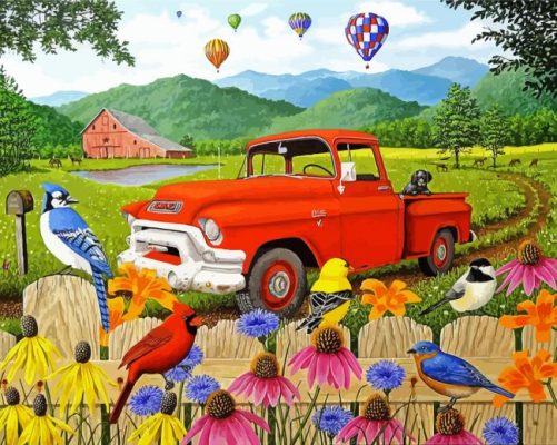 Red Truck And Flowers And Birds Paint by numbers 
