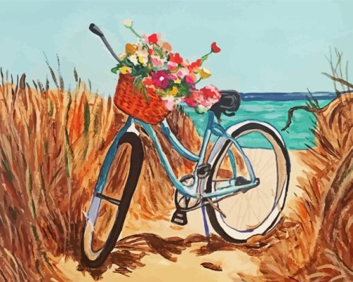 Beach Scene With Bicycle And Flowers Paint by numbers